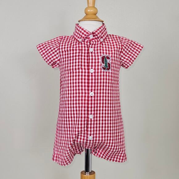Garb Stanford University Baby Shortalls Romper Red Gingham Print | 0-3 Months - Picture 1 of 16